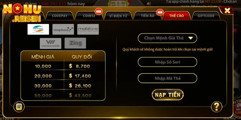 Hitclub - Hướng Dẫn Thao Tác Nạp/Rút Tiền Đơn Giản 3 Nạp tiền Hitclub bằng cách giao dịch qua thẻ cào